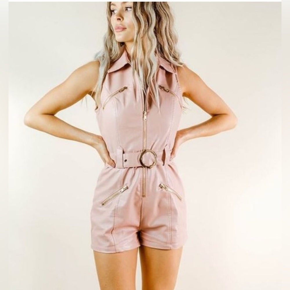 NWT Kittenish Pink Leather Sleeveless Leather Short Romper Jumpsuit